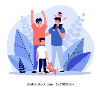 Happy homosexual couple with children and pet. Gay parents, family, happiness flat vector illustration. LGBT, equal rights, equality concept for banner, website design or landing web page - Shutterstock ID 1763824037