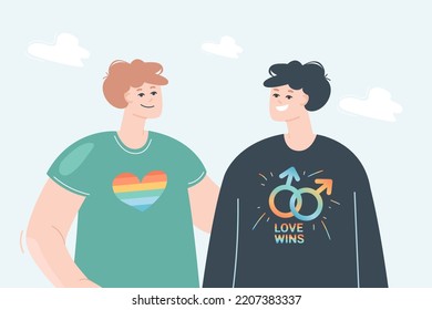 Happy homosexual couple flat vector illustration. Gays wearing sweater with rainbow flag. LGBT community, freedom, equality concept for banner, website design or landing web page