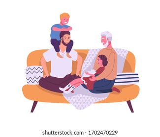 Happy homosexual family with children sitting on the sofa isolated on white background. Parents spend time with son and daughter. Happy lgbt couple with kids. Vector illustration in flat cartoon style