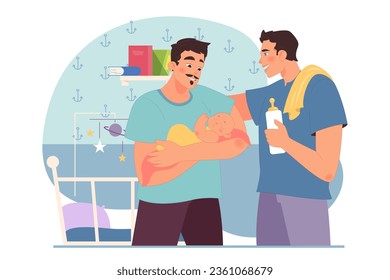 Happy homosexual family in the children's room. Gay couple parents feeding and cradling a new baby to sleep. Home scene of daily routine. Flat vector illustration