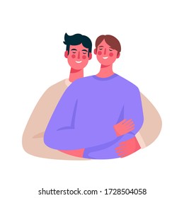 Happy homosexual family, gay couple. Two men hugging each other. Couple in love. Husband and husband together. Flat cartoon vector illustration