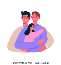 Happy homosexual family, gay couple with a baby. Two men hugging baby. Gay parents embracing adopted girl and expressing love and care. Husband and husband together. Flat cartoon vector illustration