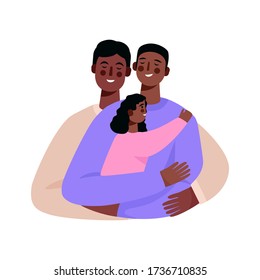 Happy homosexual family, gay couple with a baby. Two men hugging baby. Gay parents embracing adopted girl and expressing love and care. Husband and husband together. Flat cartoon vector illustration