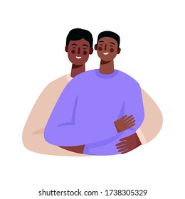 Happy homosexual family, gay couple. Two men hugging each other. Couple in love. Husband and husband together. Flat cartoon vector illustration