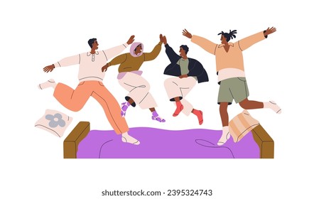 Happy homosexual family, gay fathers and sons jumping on bed. Cheerful excited African-American brothers, men and boys having fun at home. Flat vector illustration isolated on white background