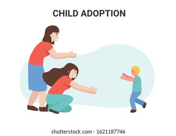 Happy homosexual female family adopted a child. Flat vector cartoon illustration.