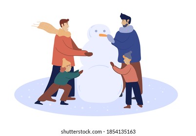  Happy homosexual male parents with kids make a snowman.Lgbt couple with children enjoy wintertime. Happy gay family spend time with son and daughter. Flat vector illustration. Isolated on white