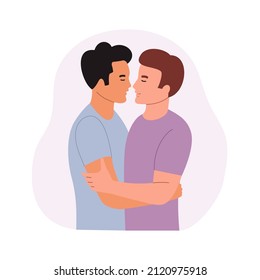 Happy homosexual men couples. Loving Couple hugs and kisses. Vector flat style cartoon illustration