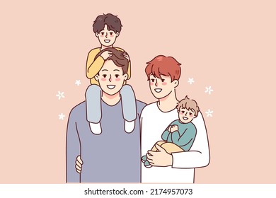 Happy homosexual men with small kids establish family. Smiling gay couple adopting children. LGBTQ parents. Vector illustration. 