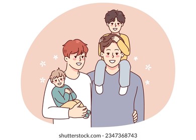 Happy homosexual men with small kids establish family. Smiling gay couple adopting children. LGBTQ parents. Vector illustration.