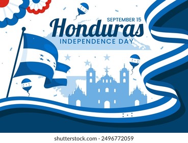 Feliz Ilustración vectorial del Día de la Independencia de Honduras para el 15 de septiembre con fondo de bandera ondeando en diseño de dibujos animados de estilo plano nacional de Festiva