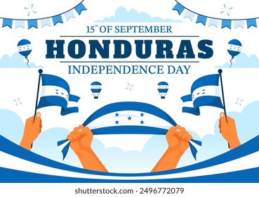 Feliz Ilustración vectorial del Día de la Independencia de Honduras para el 15 de septiembre con fondo de bandera ondeando en diseño de dibujos animados de estilo plano nacional de Festiva