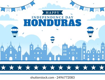 Feliz Ilustración vectorial del Día de la Independencia de Honduras para el 15 de septiembre con fondo de bandera ondeando en diseño de dibujos animados de estilo plano nacional de Festiva