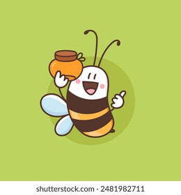 Abeja de miel feliz con un frasco de miel. Divertida sonriente abeja de miel muestra un gesto Pulgares arriba. Caricatura de abejorro o avispa kawaii. Ilustración vectorial de color aislado sobre fondo verde