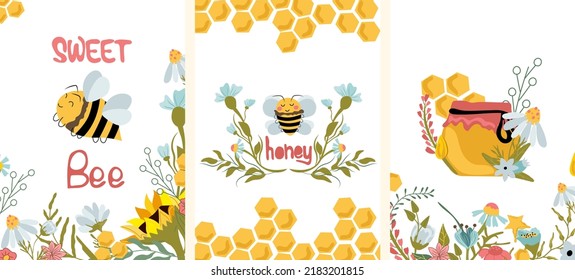 Abeja feliz de miel con flores silvestres, tarro de vidrio con miel de abeja, flores silvestres, abeja linda, girasol, camomila. Composición para su marca, logotipo, etiqueta, postal. Ilustración vectorial.