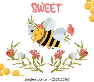 Happy Honey bee with wildflowers. Sweet lettering, leaves, flowers, herbs. Composition for your brand, logo, label, banner, postcard. Vector illustration.