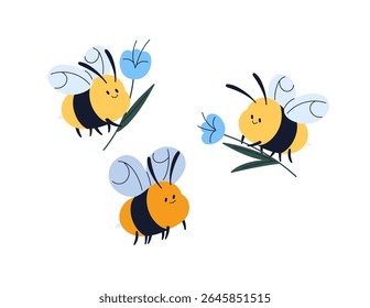 Happy honey bees carry flowers. Funny honeybees fly with wildflowers. Cute bumblebees are flying, gathering bloom plants on meadow, apiary. Flat isolated vector illustration on white background