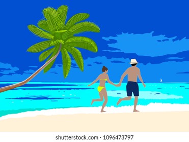 Happy honeymoon couple on the beach. Man and woman holding hands walking along the seashore, running on sandy beach.