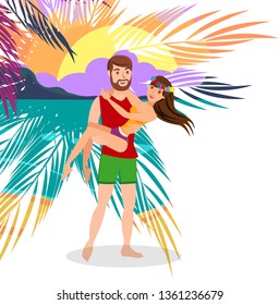 Happy Honeymoon Flat Vector Illustration. Newlyweds, Just Married, In Love Couple Isolated Cartoon Characters. Man Holding Woman. Tropical Island Sunset. Romance on Vacation Design Element