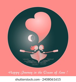 Happy Honeymoon in the ocean of Love. Valentine Day card, Wedding, Marriage greeting card 