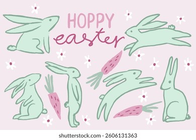 Happy hoppy Easter card with bunnies and carrots in green and pink palette