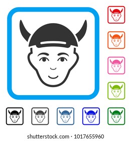 Happy Horned Boy Head vector pictogram. Person face has joyful expression. Black, grey, green, blue, red, pink color variants of horned boy head symbol inside a rounded frame.