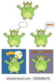 Happy Horned Green Monster Cartoon Character. Vector Collection Set