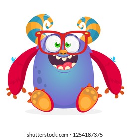 Happy horned monster with big eyeglasses. Halloween  vector illustration for print, sticker or logo