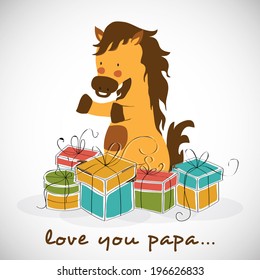 Happy horse arranging gift boxes on grey background for celebration of Happy Father's Day. 