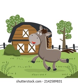 Happy horse cartoon in the farm with barn and green field. Nature and country concept. Vector childish background for fabric textile, nursery wallpaper, card, poster and other decoration.