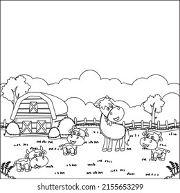 Happy horse cartoon in the farm with barn and green field and little cow. Nature and country concept. Creative vector Childish design for kids activity colouring book or page.