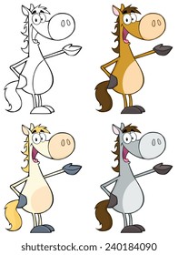 Happy Horse Cartoon Mascot Character Waving. Vector Collection Set