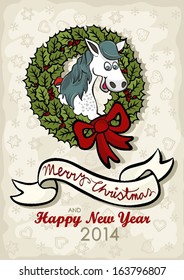 happy horse chinese zodiac sign in Christmas wreath green holly leaves and red berries with big red bow vintage colors winter holidays Christmas New Year card with wishes in English