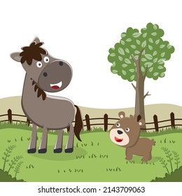 Happy horse and little bear cartoon in the farm with barn and green field. Nature and country concept. Vector childish background for fabric textile, nursery wallpaper, poster and other decoration.