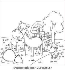 Happy horse and little cow cartoon in the farm with barn and green field. Creative vector Childish design for kids activity colouring book or page.