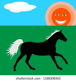 Happy horse silhouette on green meadow unde the sun illustration in the flat style.