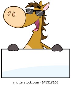 Happy Horse With Sunglasses Over A Banner. Vector Illustration