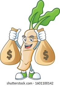 Happy horseradish cartoon character with two money bags