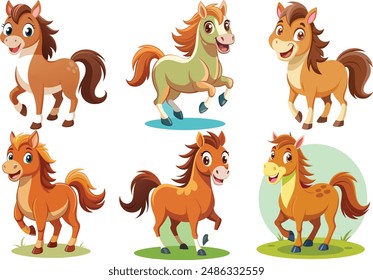 Happy horses Vector Illustration. Clipart, Design, Line art, Drawing.