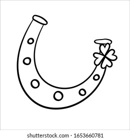 Happy horseshoe with clover.Vector isolated illustration on a white background.Traditional symbol of St. Patrick's Day. For the design of theme parties, invitations, flyers.