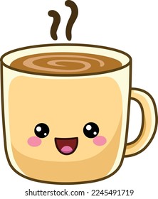 Happy hot coffee mug in a kawaii style