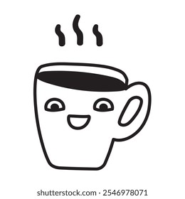 Happy hot cup of coffee. Cute character. Outline icon. Illustration on white background. 