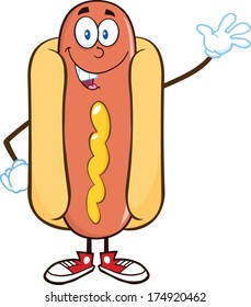 Happy Hot Dog Cartoon Mascot Character Waving. Vector Illustration Isolated on white