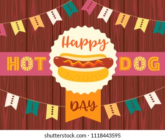 Happy Hot Dog holiday greeting. Fancy cute letters, grilled sausage, mustard, bun. July National Hot Dogs Month celebration. Template for summer festival carnival event background. Vector illustration