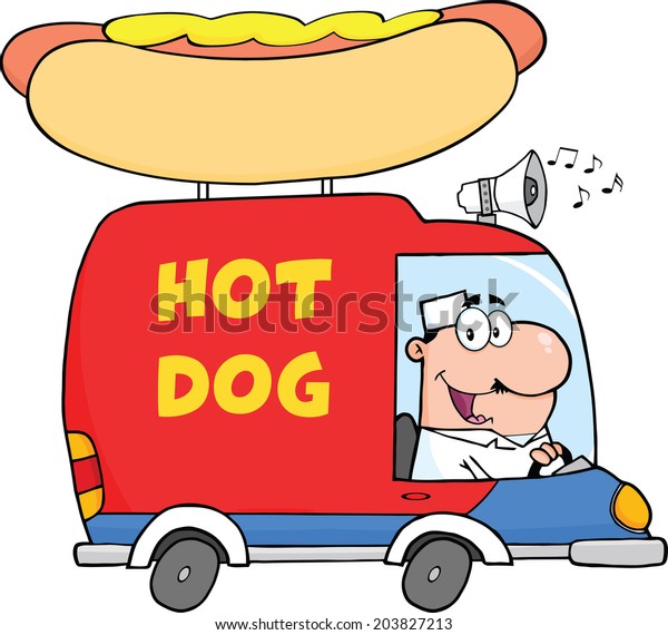 Happy Hot Dog Vendor Driving Truck. Vector\
Illustration Isolated on\
white