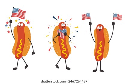 Happy hot dogs mascot celebrating 4th of July. Handdrawn characters hugging heart, waving an american flag.