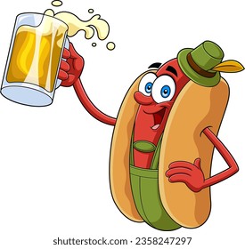 Happy HotDog Cartoon Character In Traditional Bavarian Clothes Holding A Beer Glass. Vector Hand Drawn Illustration Isolated On Transparent Background