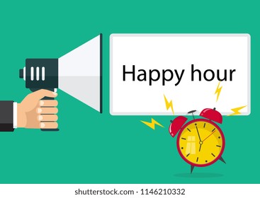 Happy hour alarm clock concept. Vector icon illustration
