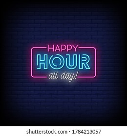 Happy Hour All Day Neon Signs Style Text Vector