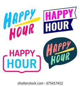 Happy Hour. Badge, Icon, Logo Set. Flat Vector Illustrations On White Background. Can Be Used Business Company.